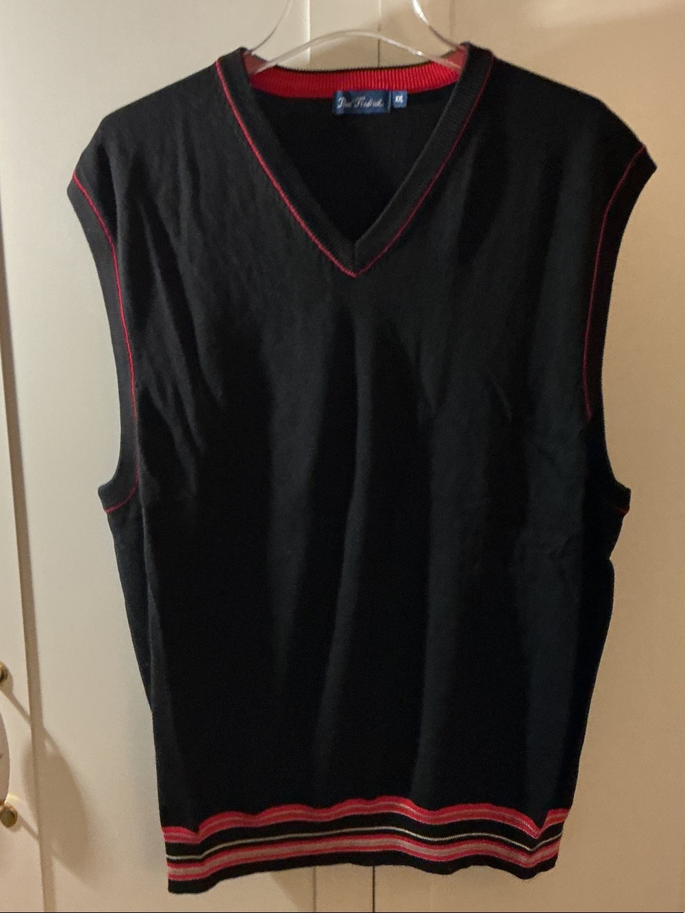 Paul Fredrick Black Sleeveless V-Neck Sweater Vest with Red Trim